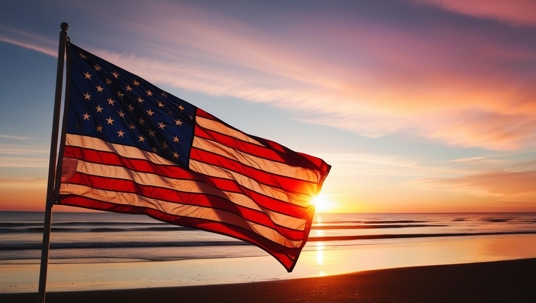 american flag in the wind with a sunset in the background