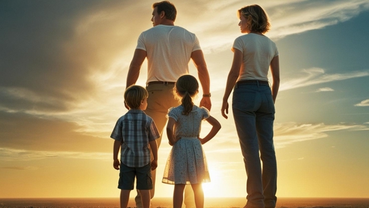 family standing in the sunset