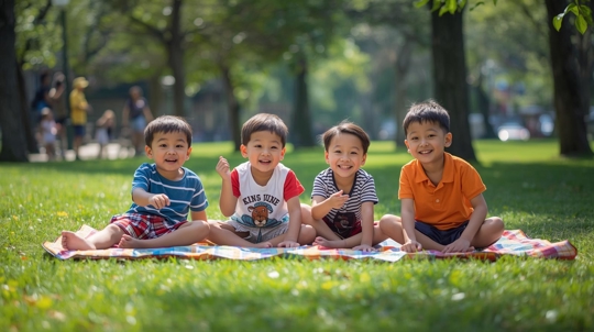 4 children sitting on a blanket in the grass