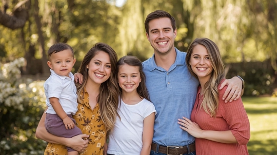 family photo of mom, dad, and 3 kids