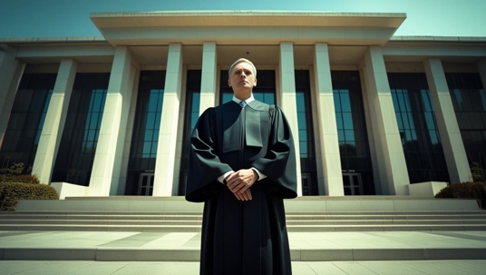 judge in front of building