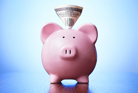 Piggy bank with cash sticking out