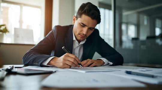 man sitting at a table writing on a paper