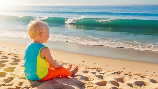 Baby Sitting on Beach Looking at Wave